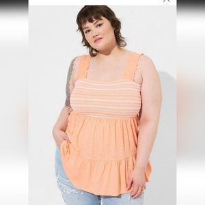 TORRID Cotton Modal Slub Square Neck Smocked Tank sz 1X 14-16 Papaya Punch